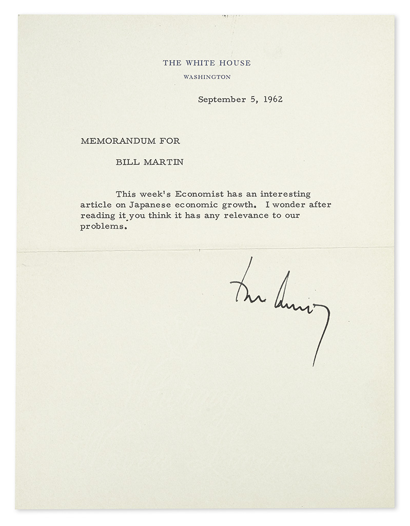 KENNEDY, JOHN F. Typed Note Signed, John Kennedy, as President, to Federal Reserve Chairman William McChesney Martin (Memorandum For